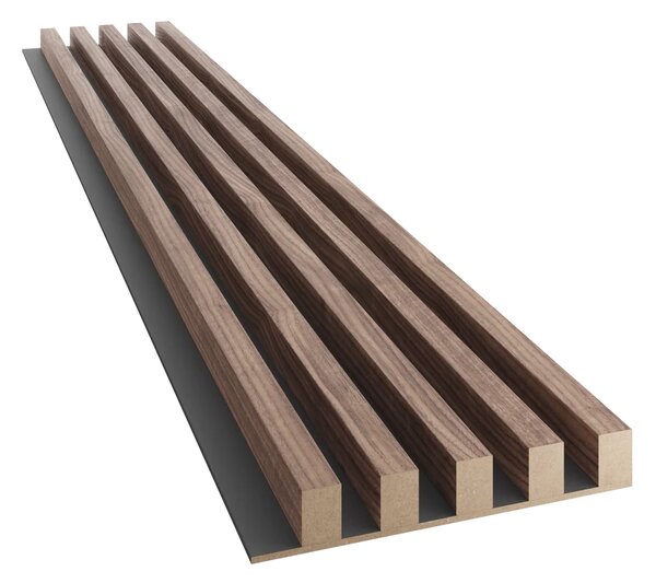 Akustický panel, podklad MDF doska, široká lamela, dyha americký orech, 30x275 cm