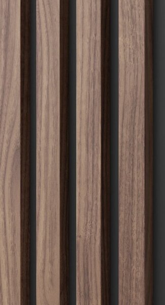 Akustický panel, podklad čierna MDF doska, úzka lamela, dyha americký orech, 30x275 cm