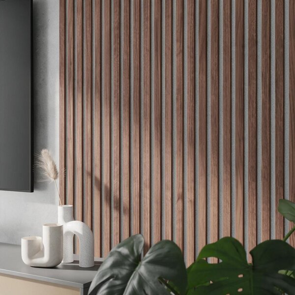 Akustický panel, dyha americký orech, sivý filc, 30x275 cm
