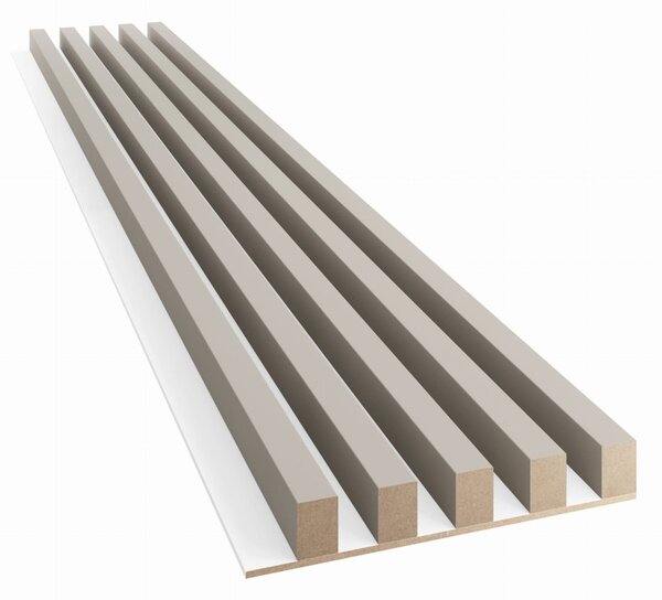 Akustický panel, podklad biela MDF doska, široká lamela, pieskovo béžový, 30x275 cm