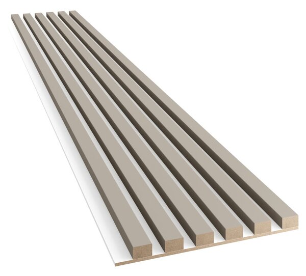Akustický panel, podklad biela MDF doska, úzka lamela, pieskovo béžová, 30x275 cm