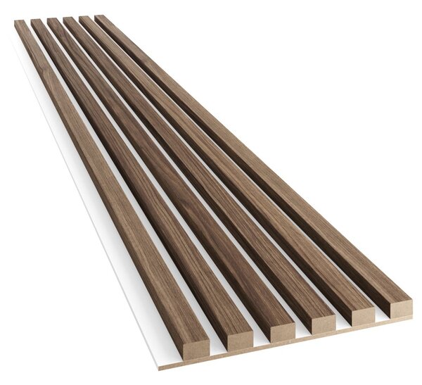Akustický panel, podklad biela MDF doska, úzka lamela, orech, 30x275 cm
