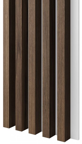 Akustický panel, podklad biela MDF doska, široká lamela, orech, 30x275 cm