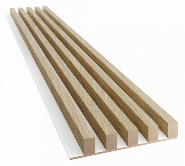 Akustický panel, podklad biela MDF doska, široká lamela, Európsky dub, 30x275 cm