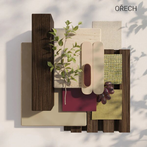 Akustický panel, podklad biela MDF doska, široká lamela, orech, 30x275 cm
