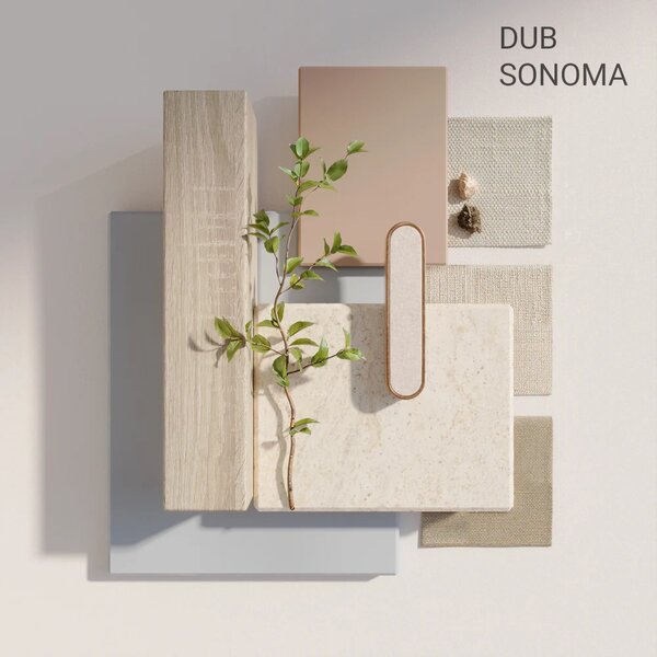 Akustický panel, podklad biela MDF doska, široká lamela, dub Sonoma, 30x275 cm