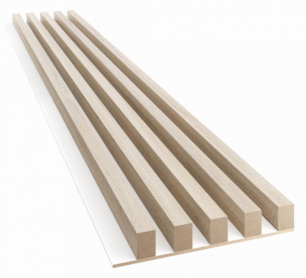 Akustický panel, podklad biela MDF doska, široká lamela, dub Sonoma, 30x275 cm