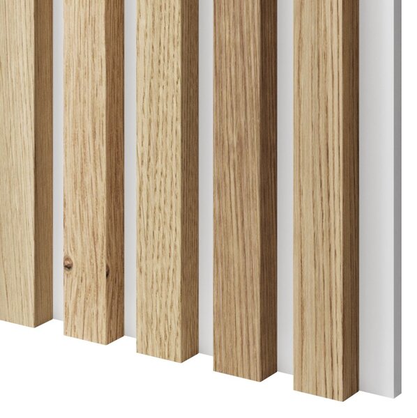 Akustický panel, podklad biela MDF doska, úzka lamela, dubová dyha, 30x275 cm