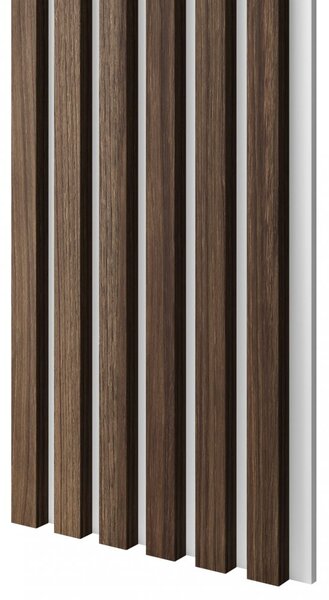 Akustický panel, podklad biela MDF doska, úzka lamela, orech, 30x275 cm