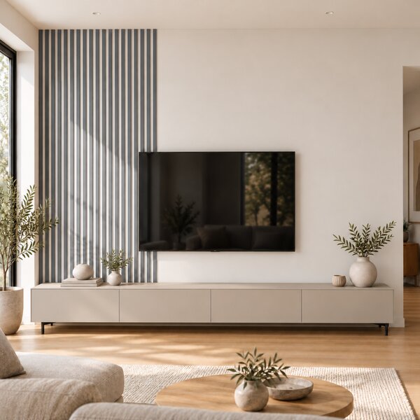 Akustický panel, podklad biela MDF doska, úzka lamela, grafit, 30x275 cm
