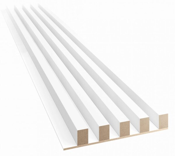 Akustický panel, podklad biela MDF doska, široká lamela, biely mat, 30x275 cm