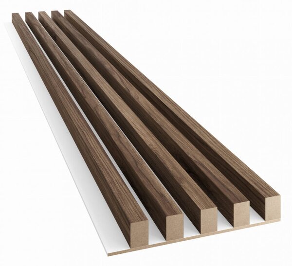 Akustický panel, podklad biela MDF doska, široká lamela, orech, 30x275 cm