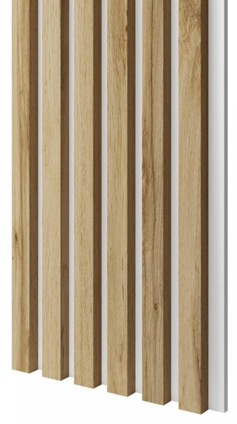 Akustický panel, podklad biela MDF doska, úzka lamela, dub Wotan, 30x275 cm