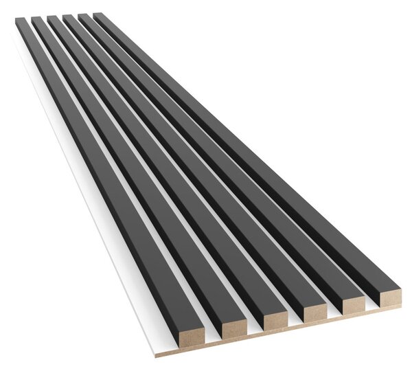 Akustický panel, podklad biela MDF doska, úzka lamela, čierny mat, 30x275 cm