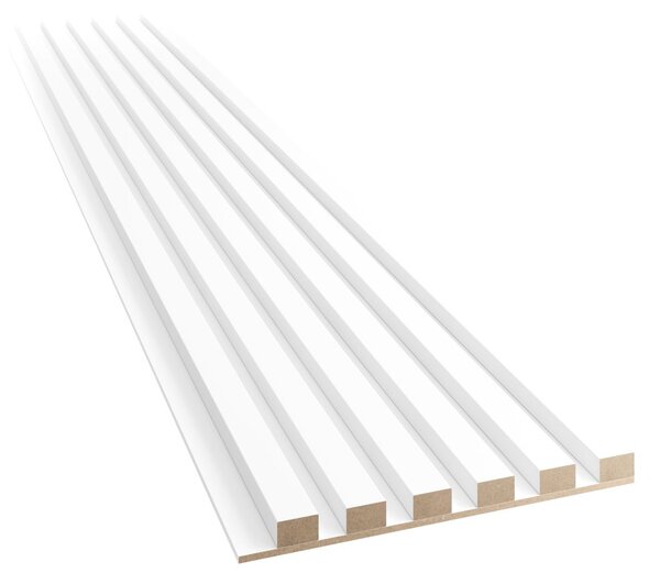 Akustický panel, podklad biela MDF doska, úzka lamela, biely mat, 30x275 cm