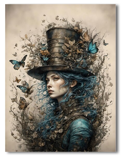Steampunkový portrét ženy s modrými motýľmi – Fantastický obraz na stenu 30x40cm