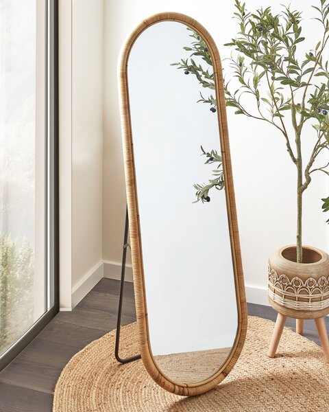 Stojace zrkadlo prírodné ratan sklo 150 x 50 cm oválny tvar moderný boho štýl obývačka spálňa