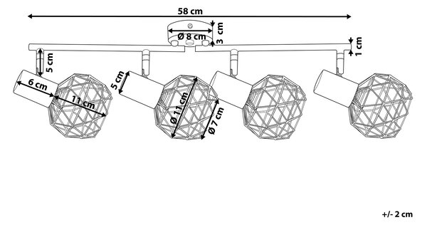 Stropná lampa medená kovová 4 okrúhle tienidlá pohyblivé ramená nastaviteľné industriálne moderné svietidlo