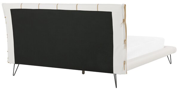 Posteľ svetlobéžová umelá koža 180 x 200 cm prešívané čelo postele tenké čierne nohy moderný dizajn