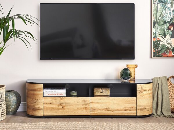 TV stolík svetlé drevo čierna MDF materiál s 2 zásuvkami komoda rustikálny štýl obývacia izba
