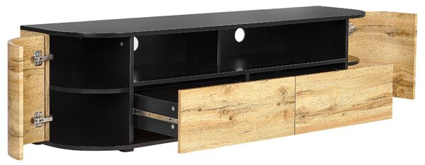 TV stolík svetlé drevo čierna MDF materiál s 2 zásuvkami komoda rustikálny štýl obývacia izba