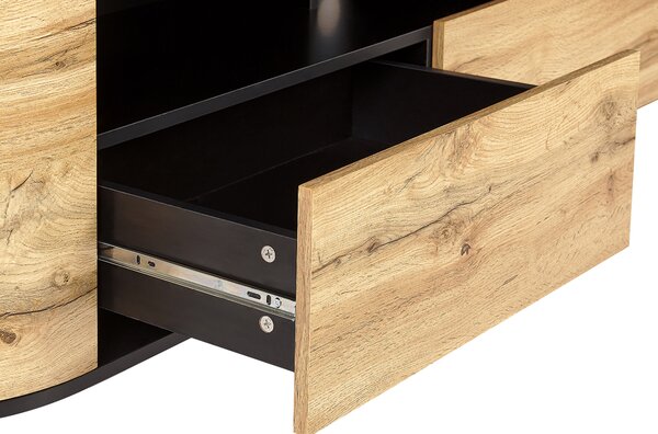 TV stolík svetlé drevo čierna MDF materiál s 2 zásuvkami komoda rustikálny štýl obývacia izba