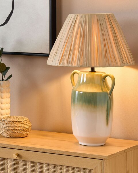 Stolná lampa zelená a biela keramika 53 cm prírodná papierové kužeľové tienidlo nočný stolík obývačka spálňa osvetlenie