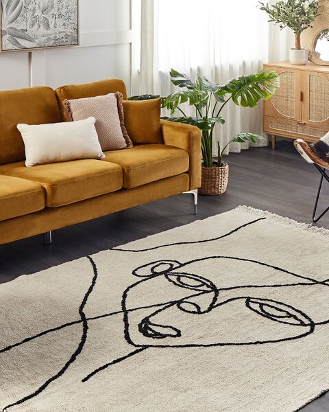 Koberec béžová čierna bavlna 140 x 200 cm abstraktný vzor motív tváre obdĺžnikový tvar so strapcami moderný štýl obývačka spálňa