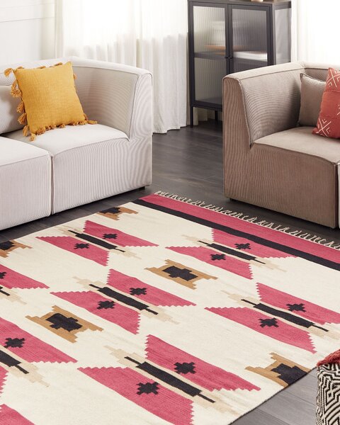 Kelímový koberec viacfarebný bavlna 200 x 300 cm ručne tkaný obojstranný geometrický vzor so strapcami tradičný boho štýl