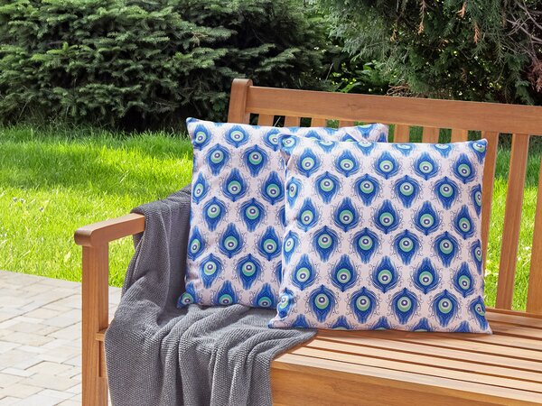Sada 2 záhradných vankúšov modrá a ružová so vzorom pávieho peria polyester 45 x 45 cm moderné vodoodolné vankúše