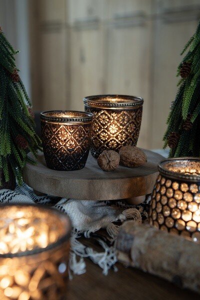 Hnedo čierno zlatý sklenený svietnik Tealight - 9 * 9 cm - Clayre & Eef