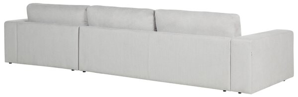 Rohová pohovka 4-miestna svetlosivá čalúnená ľavý roh bočné opierky extra vankúše minimalistický moderný štýl