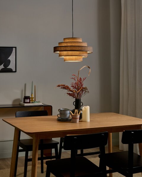 Závesná lampa hnedá ľan látkové tienidlo osvetlenie moderný štýl obývacia izba jedáleň