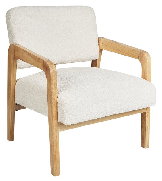 Kreslo biele buklé čalúnenie drevený rám svetlé drevo retro art deco štýl obývačka spálňa