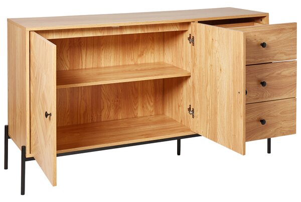 Komoda svetlé drevo čierna drevotrieska úložný priestor 3 zásuvky skrinka s 2 dvierkami retro moderný štýl obývačka spálňa