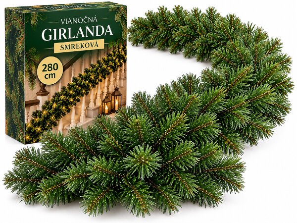 FoxBox Umelá vianočná girlanda smrek 280 cm – hustá zelená dekorácia na schody, zábradlie a krb