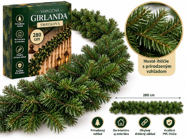 FoxBox Umelá vianočná girlanda smrek 280 cm – hustá zelená dekorácia na schody, zábradlie a krb