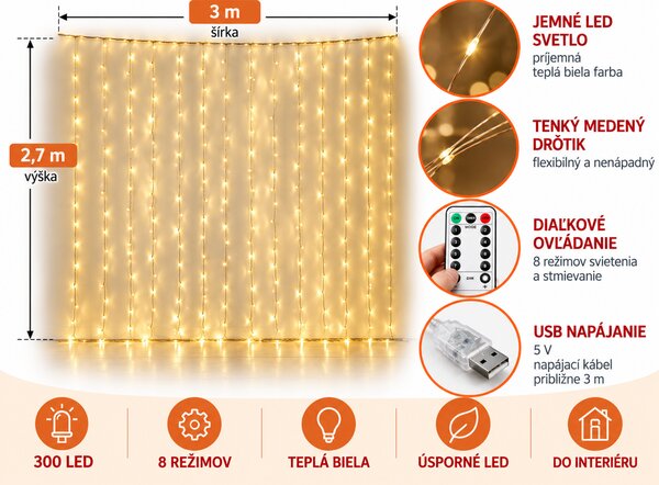 FoxBox Vianočné LED svetielka 500 LED, 3x3 m – mikro drôtik, teplá biela, diaľkové ovládanie, časovač, stmievanie, IP44