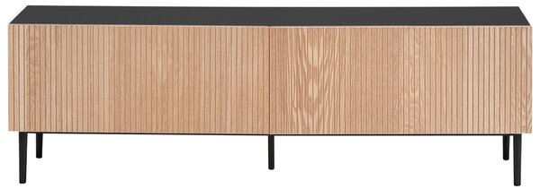 TV stolík čierny prírodný jaseň MDF svetlé drevo rebrovaný dizajn 2 zásuvky moderná obývacia izba