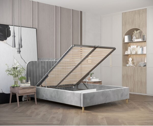 Sivá čalúnená dvojlôžková posteľ s úložným priestorom s roštom 160x200 cm Noto – Maison de Rêve