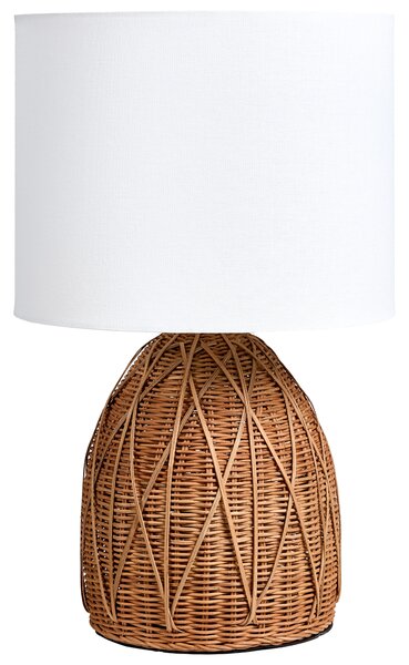 Stolná lampa prírodná ratanový podstavec biele látkové tienidlo boho japandi prímorský štýl obývačka spálňa