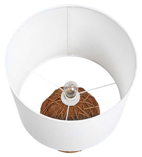 Stolná lampa prírodná ratanový podstavec biele látkové tienidlo boho japandi prímorský štýl obývačka spálňa