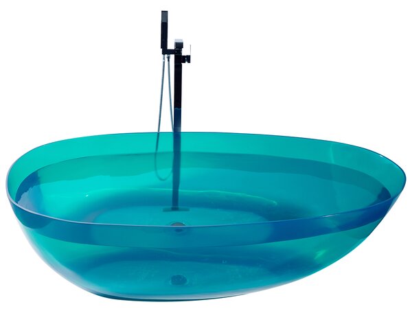 Voľne stojaca vaňa priehľadná modrozelená z materiálu solid surface 169 x 78 cm oválne pre jednu osobu moderný dizajn