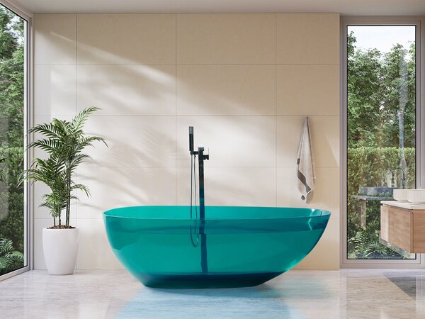 Voľne stojaca vaňa priehľadná modrozelená z materiálu solid surface 169 x 78 cm oválne pre jednu osobu moderný dizajn