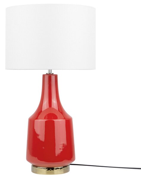 Stolná lampa červená biela keramický podstavec 60 cm látkové tienidlo okrúhly tvar nočná lampa moderný retro štýl obývačka spálňa
