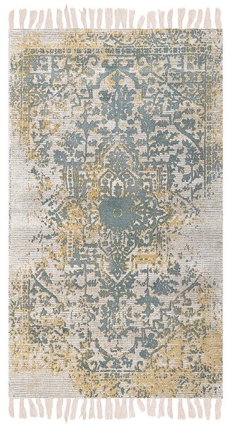Koberec žltý zelený a béžový viskózový 80 x 150 cm orientálny vzor vintage dizajn obývacia izba spálňa