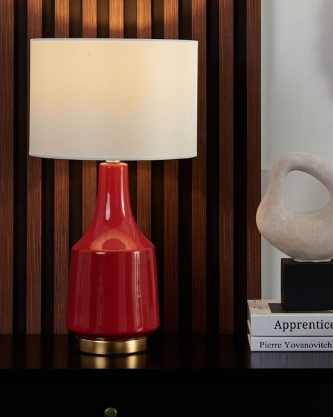 Stolná lampa červená biela keramický podstavec 60 cm látkové tienidlo okrúhly tvar nočná lampa moderný retro štýl obývačka spálňa