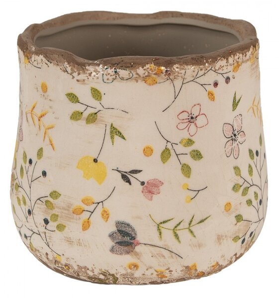 Béžový keramický obal na kvetináč so žltými kvietkami Ylla XS - Ø 11*10 cm - Clayre & Eef