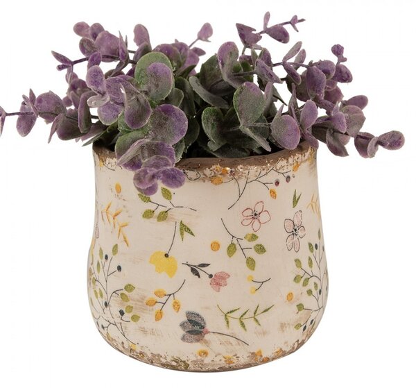 Béžový keramický obal na kvetináč so žltými kvietkami Ylla XS - Ø 11*10 cm - Clayre & Eef