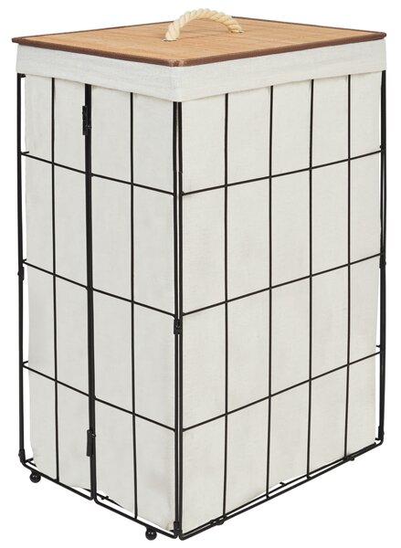 Kôš na bielizeň čierna svetlé bambusové drevo polyester kovový rám s odnímateľným vekom moderný štýl kúpeľňa